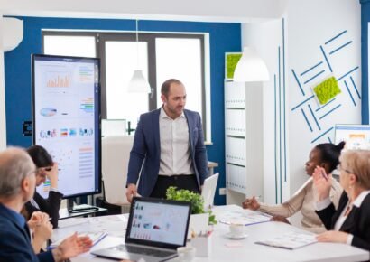 Mad nervous manager in briefing conferecen room screaming